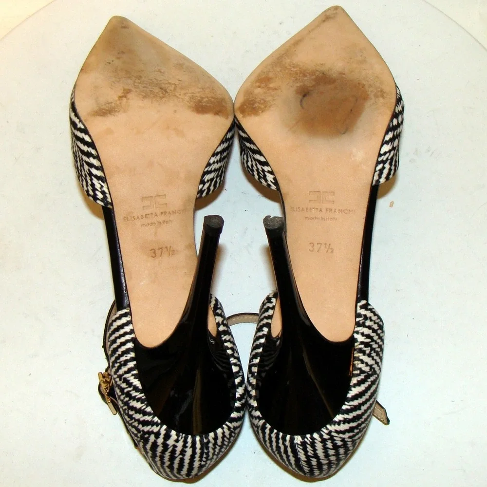 ELISABETTA FRANCHI BLACK WHITE ANKLE STRAP SHOES HEELS SIZE 37.5 / 7.5 US C133
